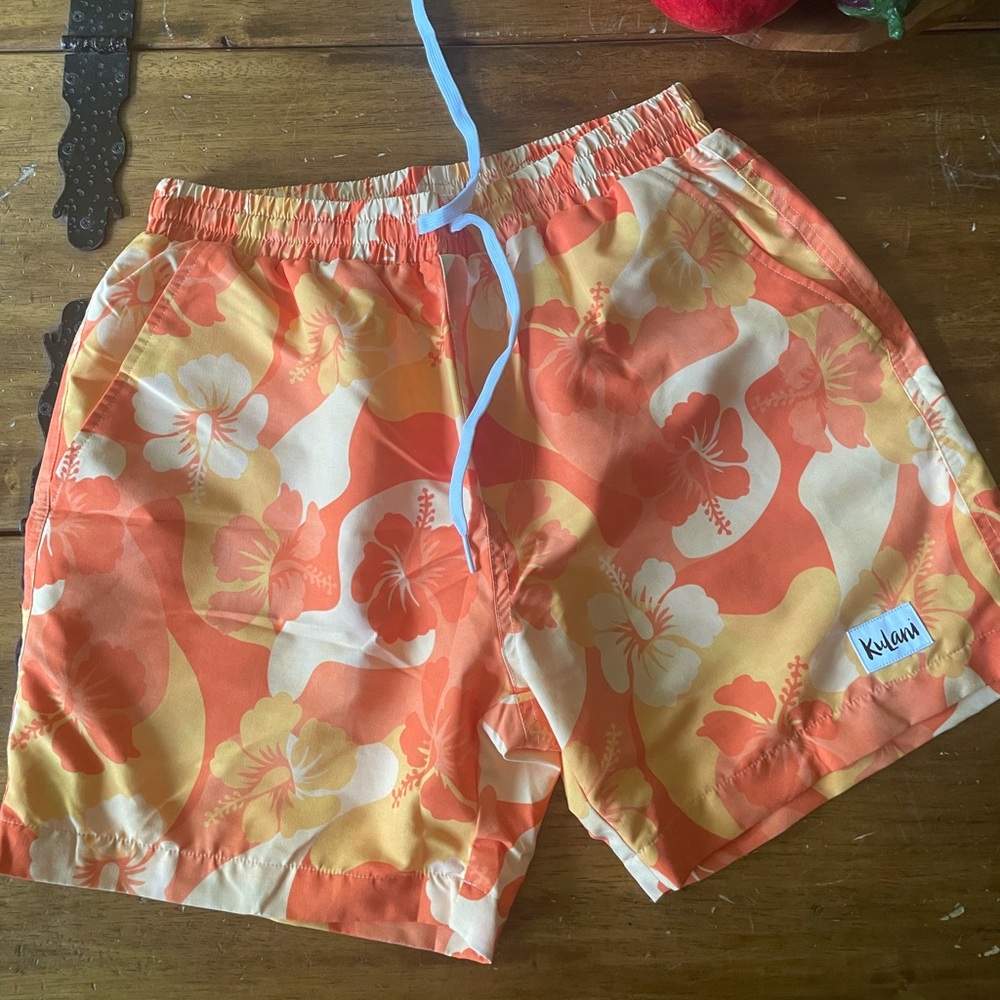 Kulani Kinis Swim Shorts Trunks Orange Yellow Hibiscus Men's Small S